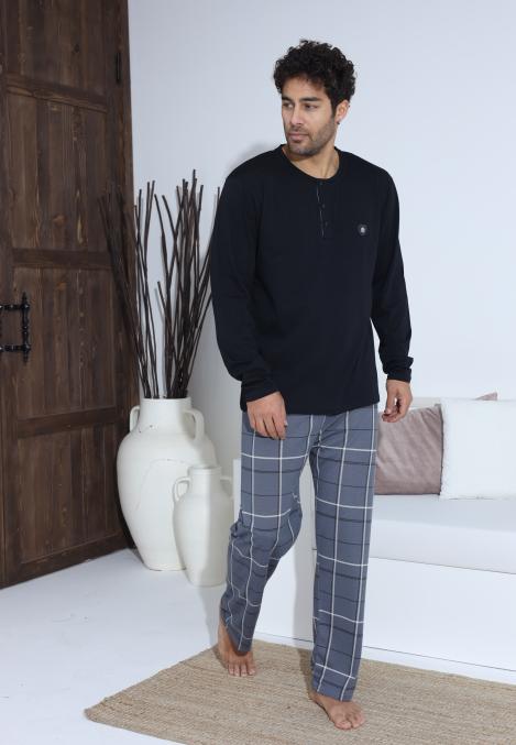 Pijama Barbati ,Maneca si Pantaloni Lungi,Culoare Negru cu Gri,Engros